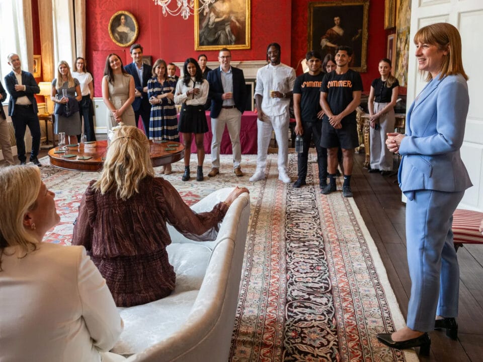 Chancellor Rachel Reeves speaking at The Times 100 reception at 11 Downing Street.