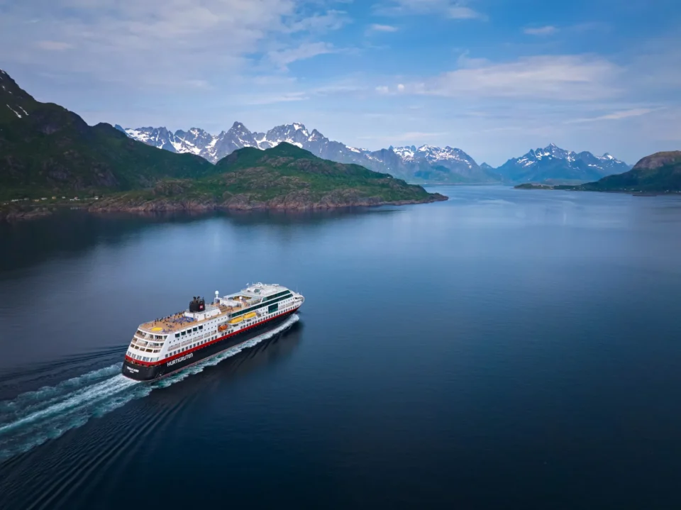 A Hurtigruten cruise ship in the Norwegian fjords